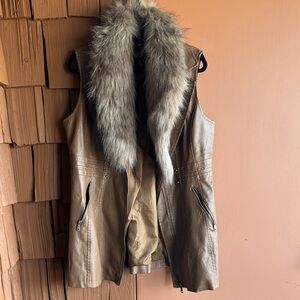 Faux Fur Collar Brown Leather Vest